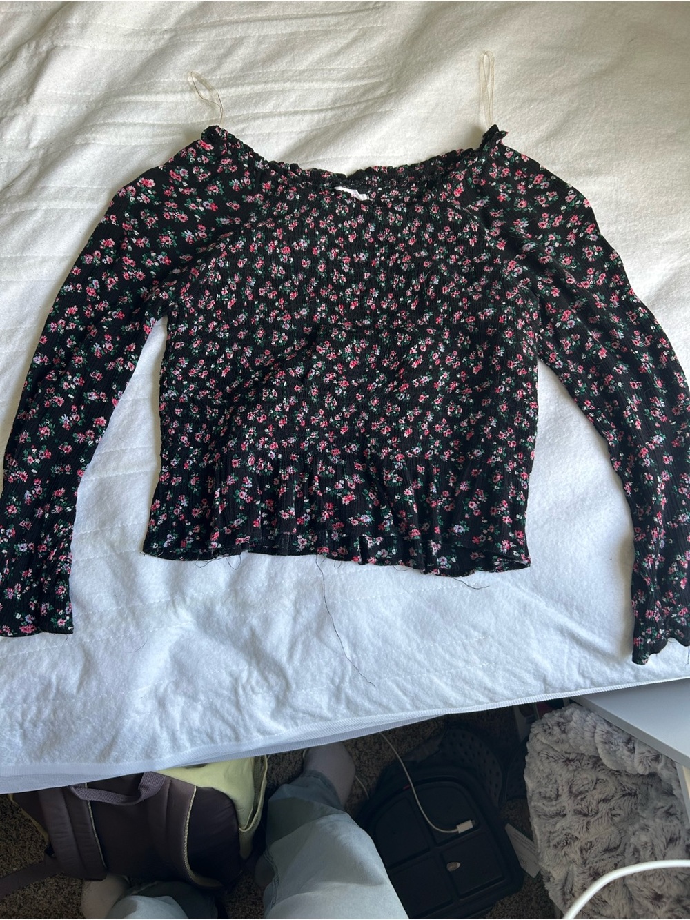 Justice Black Long-Sleeve Smocked Top with Pink Floral Print